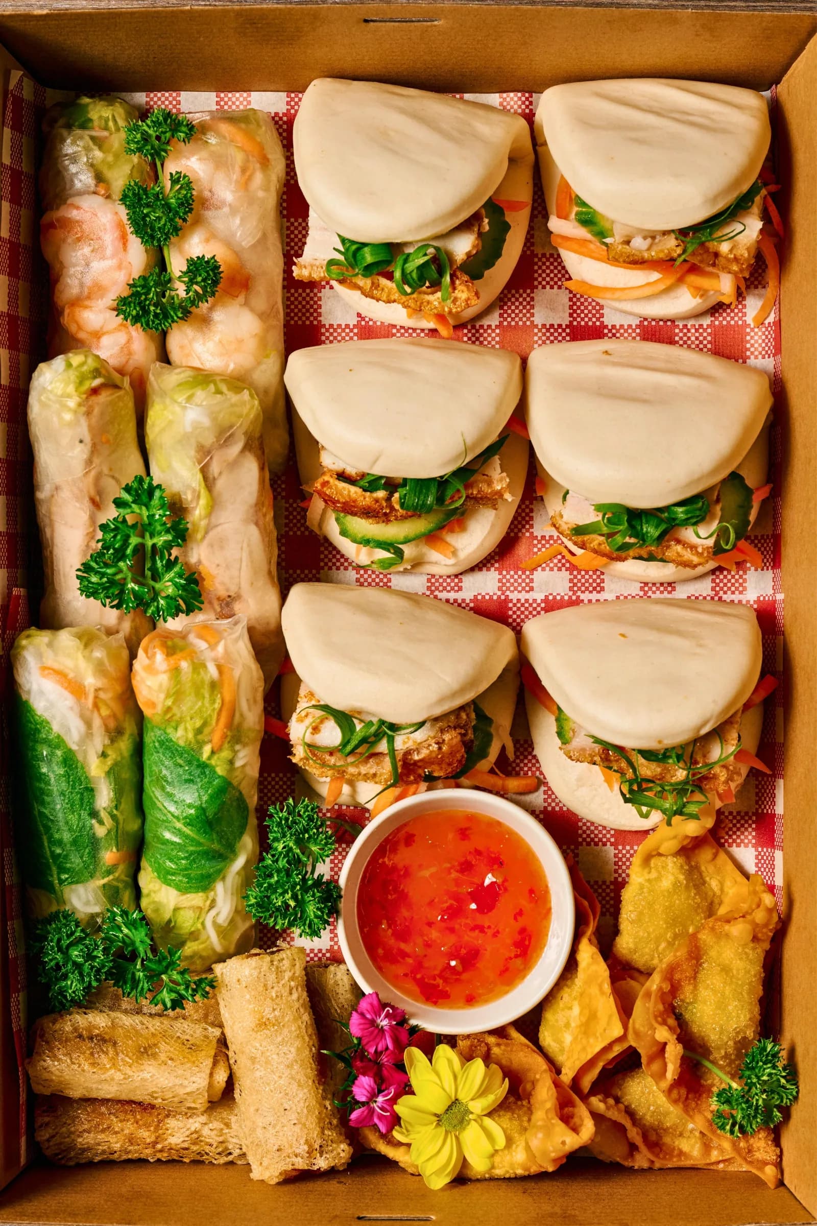 Vietnamese catering platters portioned for an office lunch