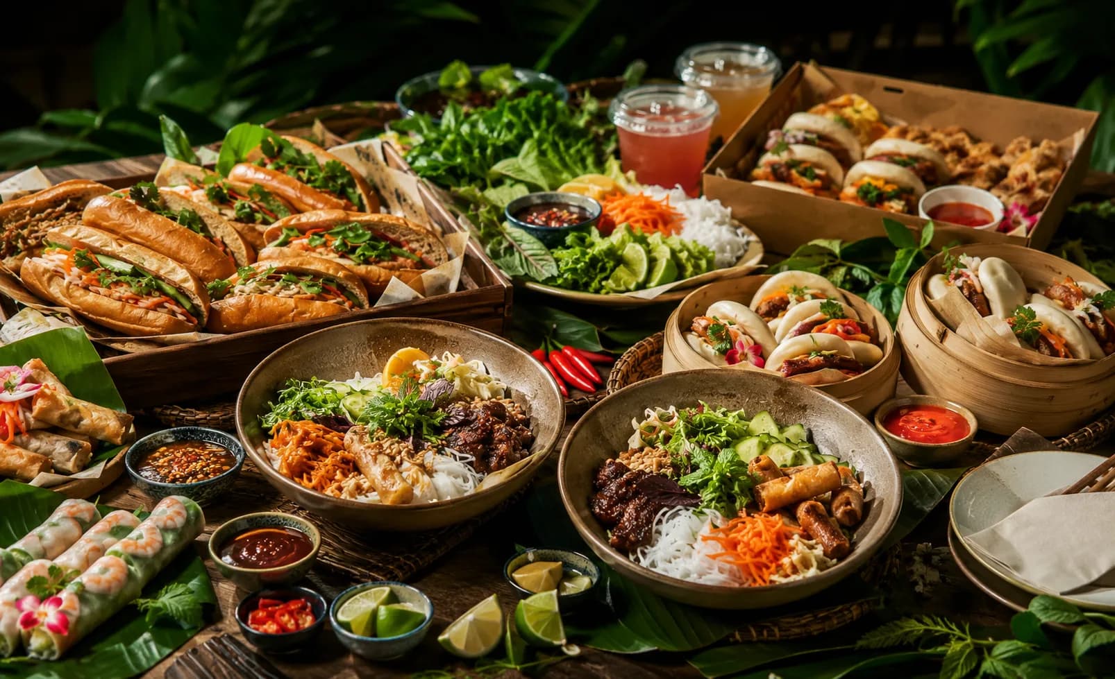 A spread of Vietnamese catering on a timber table: bánh mì, bao, noodle bowls and rice paper rolls